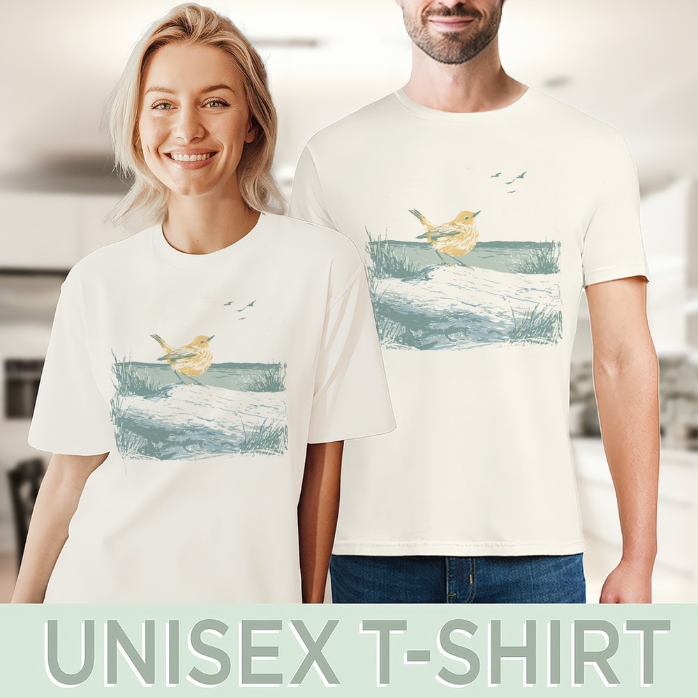 Linocut Print Tee Songbird Dune Boho - Picture 4 of 5